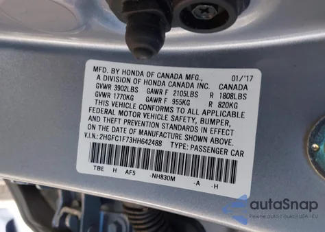 2017 Honda Civic Ex-L из США, поврежденный, VIN 2HGFC1F73HH642488